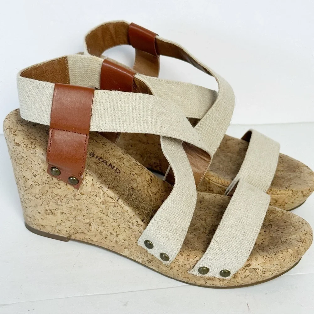 Lucky Brand Marla Cork Wedge Sandals Beige Tan Shoes Elastic Back Size 9 Boho